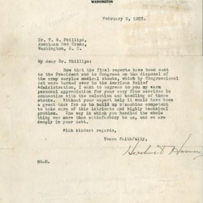 Hoover Thanks the Red Cross For Giving Medical Assistance