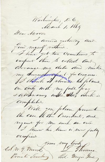 Lorenzo Thomas, Civil War Adjutant General, Writes Letter To Andrew Johnsons Private Secretary Days Before 1869 Inauguration Day