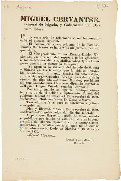 MIGUEL CERVANTSE, GENERAL DE BRIGADA, Y GOBERNADOR DEL DISTRITO FEDERAL.