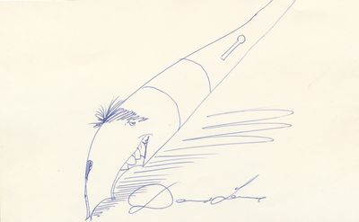 Sketch by Levine of his classic fountain pen with the artist's face forming the pen's nib, Signed