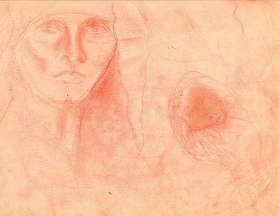 Faces of two women compose this collage in red artists pencil rendered on 12 x 9 inch onion skin pap...
