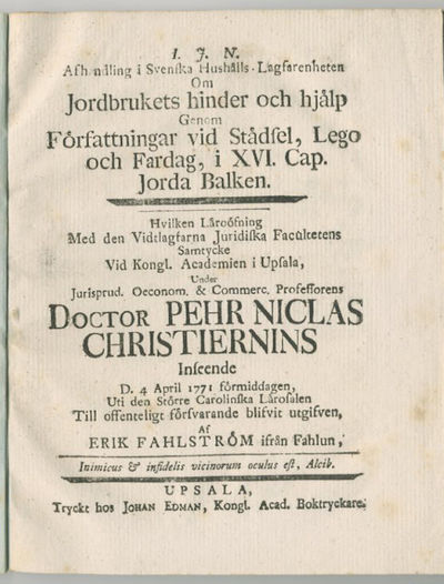 Afhandling i svenska hushålls-lagfarenheten om…