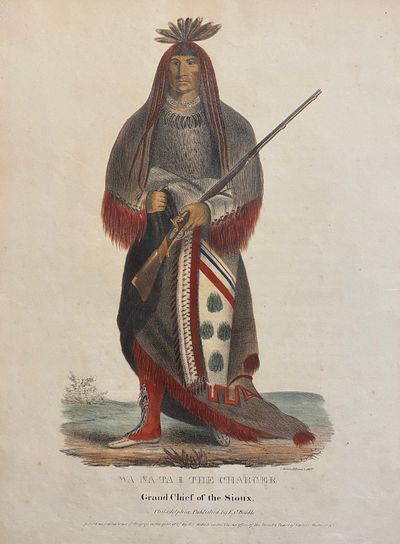 [NATIVE AMERICAN PORTRAIT]. "Wa-Na-Ta. The Charger, Grand Chief of the Sioux." Hand-colored lithograph from a folio edition of McKenney and Hall's Indian Tribes of North America