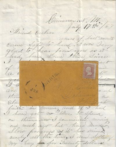1867 – Letter from an early settler in Cimarron, New Mexico, informing a friend back home in Ohio, that a gold rush had begun in earnest and that he might mine a claim and marry one “of these Black Eyed Mexican galls”