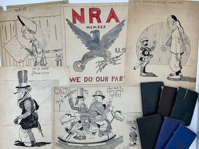 TWENTY LEAVES OF ORIGINAL PEN AND INK DRAWINGS BY PROFESSIONAL WELDER AND PART-TIME CARTOONIST KERN UDO WHIPPLE, MANY SIGNED "WHIP" AND SOME LIKELY DONE FOR HIS COMPANY'S NEWSLETTER "THE SCOOP." ACCOMPANIED BY SIX OF WHIPPLE'S POCKET DIARIES, 1928-1933, DEPICTING A WORKING MAN'S LIFE IN THE EARLY YEARS OF THE GREAT DEPRESSION