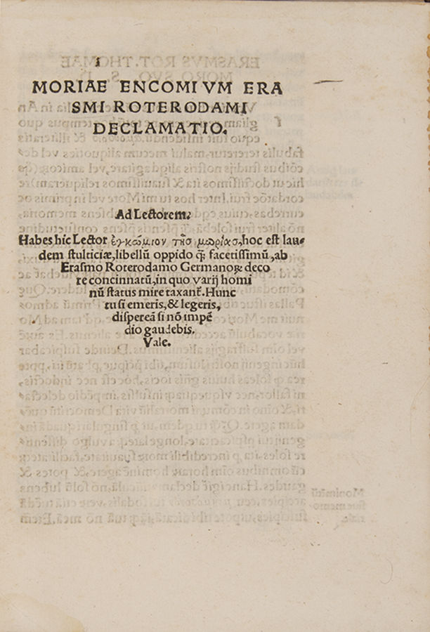 Moriae Encomium. Erasmi Roterodami declamatio. [In Praise of Folly]. by ...