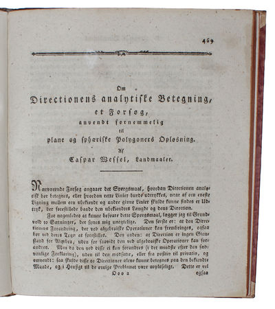 Om Directionens analytiske Betegning, et forsøg, anvendt fornemmelig til plane og sphæriske Polygoners Opløsning. - [THE FIRST SYSTEMATICAL THREATMENT OF COMPLEX  NUMBERS] (photo 2)