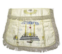Masonic Apron Engraved and polychrome decorated on silk with silver thread fringe around the borders