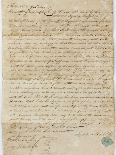 Jasper County, Republic of Texas: July 8, 1845. Good.. pp., on a single folded folio sheet, plus man...