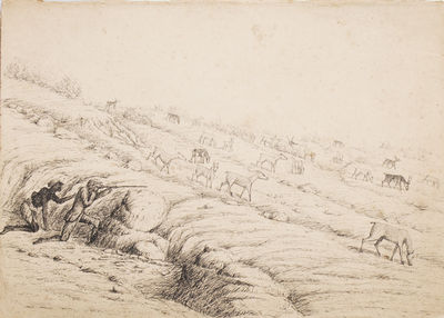 7 original drawings of Indian hunt scenes