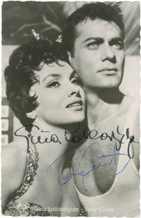 Trapeze (Original promotional photograph postcard for the 1956 film, signed by Tony Curtis and Gina Lollobrigida)