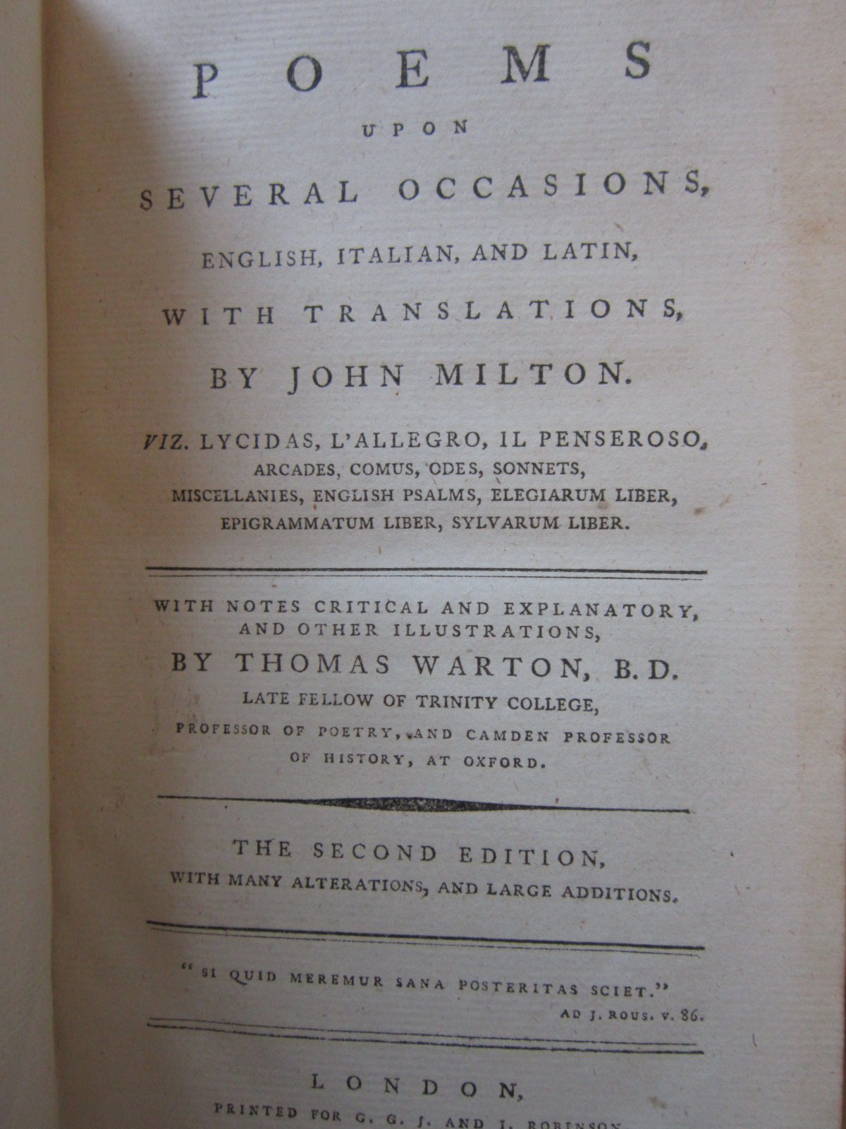 Poems Upon Several Occasions, English, Italian, and Latin, with Translations by John - Thomas Warton Milton - Hardcover - 2nd Edition - 1791 - from