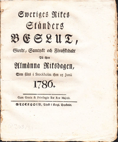 Sweriges rikes ständers beslut, giordt, samtyckt…