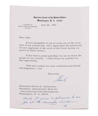 Album of letters to Robert McNamara, from American government or world leaders, including Earl Warren, Indira Gandhi, Walter Mondale, Dean Rusk, Henry Ford II, Henry Kissinger, Nelson Rockefeller, Katherine Graham, Coretta Scott King, and more