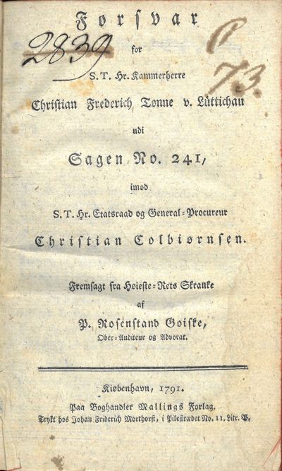 Forsvar for S. T. Hr. Kammerherre Christian…