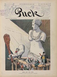 Puck Magazine Cover &quot;Arms and the Men. A Difference Of Opinion to What Will Fit the Lady&quot;. April 25, 1906 by Puck Magazine - 1906