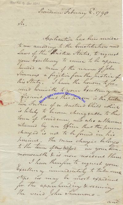 The Governor Of Rhode Island Writes To The Governor Of Massacusetts About A Fugitive In 1798