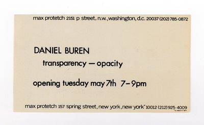 Invitation card: Daniel Buren: transparency — opacity (opens 7 May [1974])