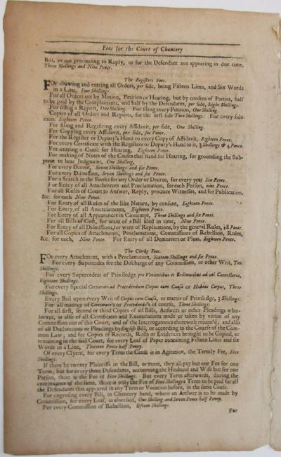 AN ORDINANCE FOR REGULATING AND ESTABLISHING THE FEES TO BE HEREAFTER TAKEN BY THE OFFICERS OF THE COURT OF CHANCERY IN THE PROVINCE OF NEW-YORK. BY HIS EXCELLENCY WILLIAM BURNET, ESQ; CAPTAIN GENERAL AND GOVERNOUR IN CHIEF IN AND OVER THE PROVINCES OF NEW-YORK, NEW-JERSEY, AND OF ALL THE TERRITORIES & TRACTS OF LAND DEPENDING THEREON IN AMERICA..