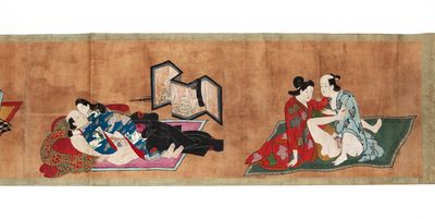 Picture scroll on paper, with ten erotic paintings, with ample use of metallic pigments & paint made from ground-up seashells