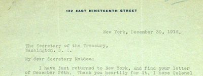 SIGNED LETTER TO SECRETARY OF THE TREASURY MCADOO, 1916