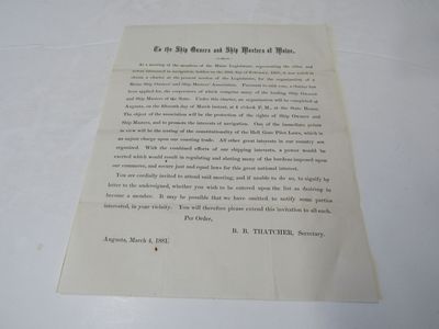 Printed circular letter signed in type B.B. Thatcher, Secretary and dated Augusta, March 4, 1881