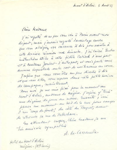 Autograph Letter Signed, in French, 4to, Hotel du Mont d'Arbois, Niegeve, France, August 5, 1955