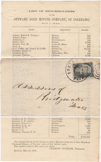 1864 - "THE CAPITAL STOCK OF THE STEWART GOLD MINING COMPANY IS ONE HUNDRED THOUSAND SHARES, PAR VALUE OF FIVE DOLLARS EACH" - An official printed list of all stockholders in a Colorado gold mining company that was mt to tax assessors