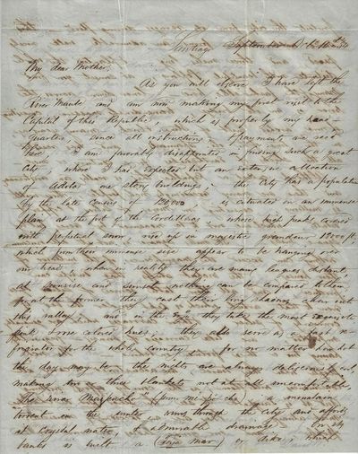 1854 – A newly arrived young railroad engineer hired by Chile sends a letter home to his mother raving about life in Santiago