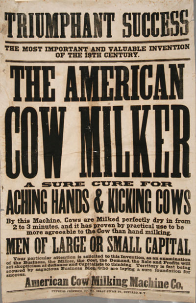 AMERICAN COW MILKER MACHINE POSTER, ORIGINAL, 19TH CENTURY EPHEMERA
