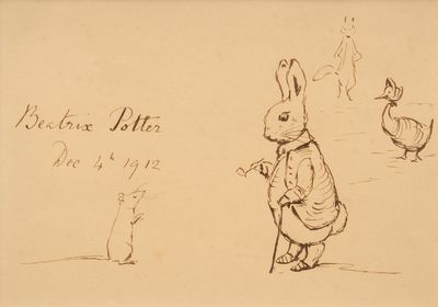 A fine original pen and ink drawing depicting Old Mr. Bouncer, Mr. Tod, Jemima Puddle-Duck and Hunca Munca