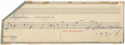 Autograph musical quotation from the composer's ballet Apollon Musagète. Signed "I Stravinsky" and dated 1930