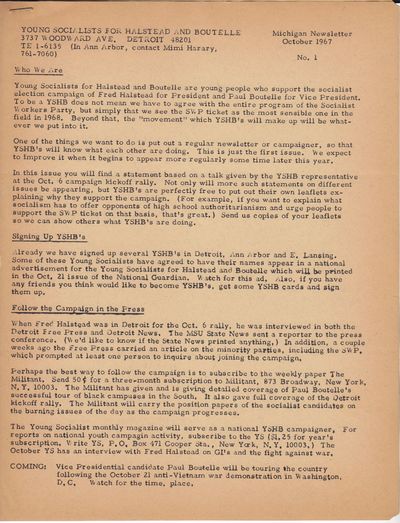 [Group of Flyers and Periodicals from the Halstead and Boutelle 1968 Presidential Campaign Compiled by African American Activist Couple]