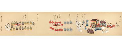 Two scrolls, the first finely illustrated, each entitled in manuscript on gold-paper labels on outer endpapers: “Gojorakunoki” [“Details of the Emperor’s Visit to [Nijo Castle in] Kyoto”]