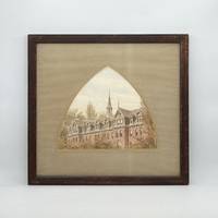 Architectural rendering in watercolors of a wing of a Victorian gabled brick building, surrounded by trees, against an open sky