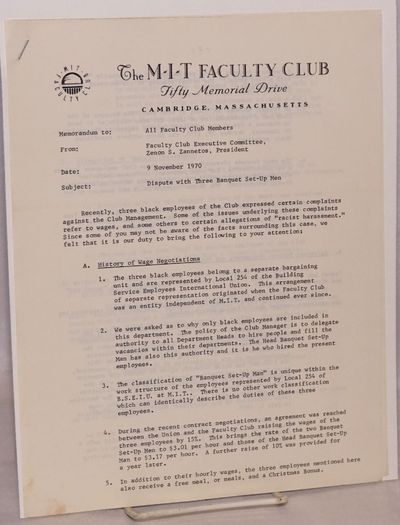 Memorandum: Dispute with three banquet set-up men