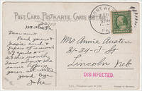 cover of 1910 - "RECEIVED 67 CARDS . . . I AM ABOUT THE SAME HOPING YOU ARE ALL WELL." "Disinfected" post card sent from a patient at the Mt. Alto Tuberculosis Sanatorium to family at home