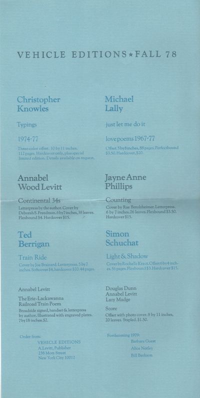 VEHICLE EDITIONS FALL 78 [Publisher's Promotional Broadside]