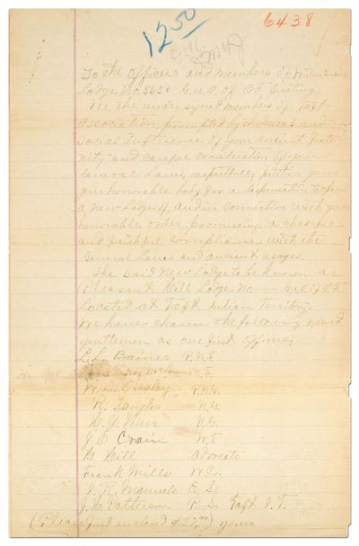 [Manuscript]: Petition to Found a Chapter of an African-American Fraternal Lodge in Pleasant Hill, Indian Territory