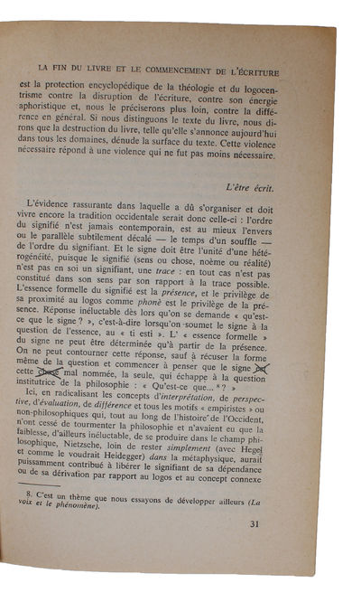 De la grammatologie. - [THE MAIN WORK OF DECONSTRUCTION - MAGNIFICENT PRESENTATION-COPY] (photo 3)