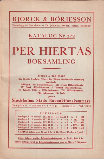 Katalog nr 272. Per Hiertas boksamling.…