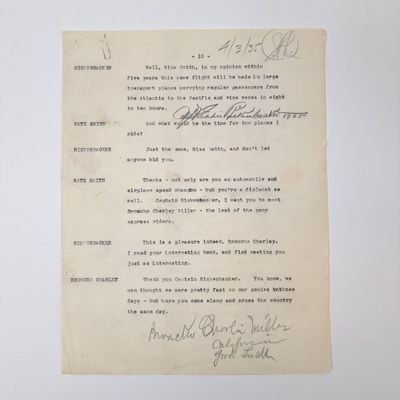 RADIO SCRIPT PAGE [Signed by Eddie Rickenbacker and Broncho Charlie Miller]