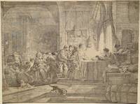 Parable of the Labourers in the Vineyard. Owner seated at table, with labourers and assistant...