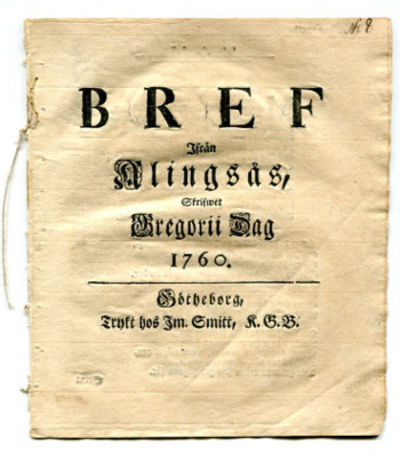 Bref ifrån Alingsås, skrifwet Gregorii dag 1760.