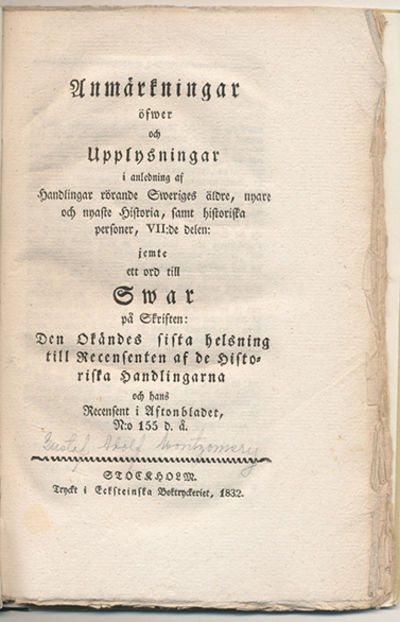 Anmärkningar öfwer och upplysningar i anledning…