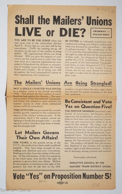 Shall the mailers' unions live or die? / Vote "yes" on Proposition Number 5!