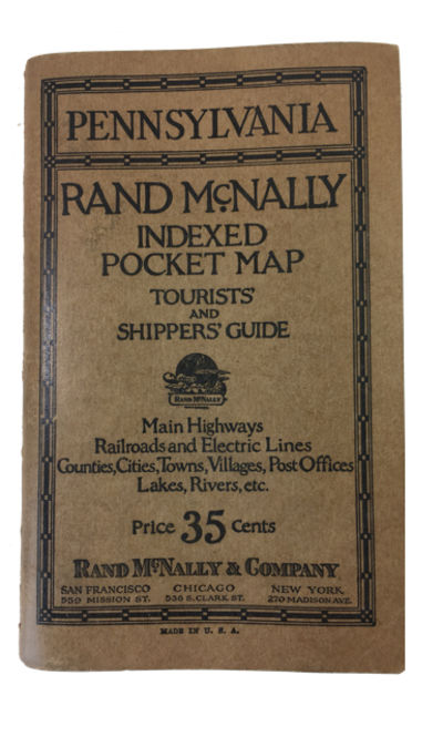 Rand McNally Indexed Pocket Map Tourists' and Shippers' Guide of Pennsylvania Railroads, Electric Lines, Post Offices, Express Telegraph and Mail Service. Counties, Cities, Towns. Villages, Rivers, Lakes Islands, Creeks, Mountains, etc. Air Service Landing Fields Population According to the Latest Official Census Main Highways