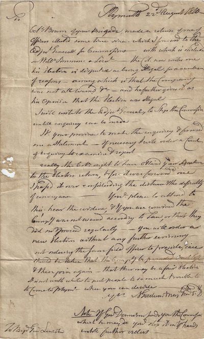 1810 – Letter from the Commanding General of a Massachusetts Militia Division to one of his brigade commanders expressing irritation that an election of a company officer had been bungled