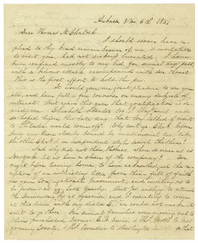 Unpublished Lucretia Coffin Mott Letter on Elizabeth Cady Stanton & the Early Woman Suffrage Movement, 1851