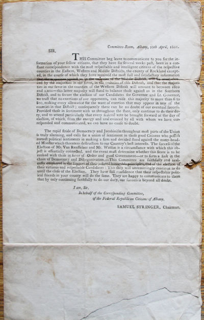 Printed Circular Letter Concerning the Nomination of Stephen Van Rensselaer and James Watson as the Federal Republican Candidates in the New York State Gubernatorial Election of 1801